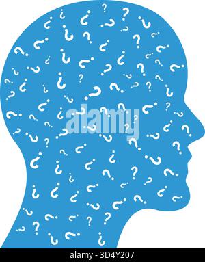 Blue human head profile silhouette illustration filled with white question marks symbolizing confusion curiosity doubt decision making brainstorming Stock Vector