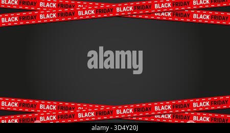 Bold red crossed ribbon design with black friday sale text on dark background ideal for promotion banner retail discount label poster template Stock Vector