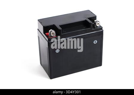 Black motorcycle battery isolated on white background. Accumulator battery Stock Photo
