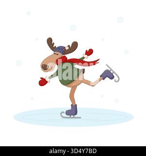 A funny moose in a green sweater, red scarf, and mittens glides across the ice on skates. Vector illustration of a cartoon character in winter Stock Vector