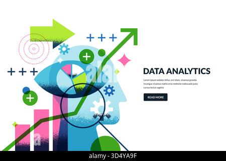 Abstract concept of data analytics and innovation. Vector illustration of human head, eye, pie chart, green arrow graph, magnifying glass. Modern desi Stock Vector