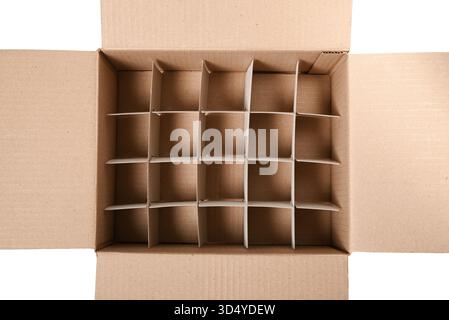 Open cardboard box with partitions inside isolated on white background. Close-up, top view. Box for safe transportation of fragile items. Stock Photo