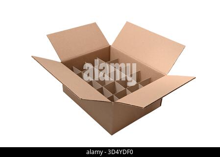 Cardboard box with partitions inside isolated on white background. Stock Photo