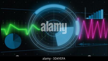 Displaying circular radar HUD sweeping blue sector on dark grid, showing green ECG and magenta wave Stock Photo