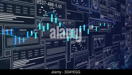 Displaying turquoise candlestick chart centering on dark screen, showing cyan MA line, readouts Stock Photo