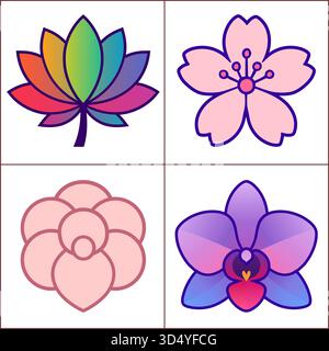 Elegant botanical vector set featuring lotus, blossom, and orchid flowers, designed for creative projects, decorative artwork, and versatile floral il Stock Vector