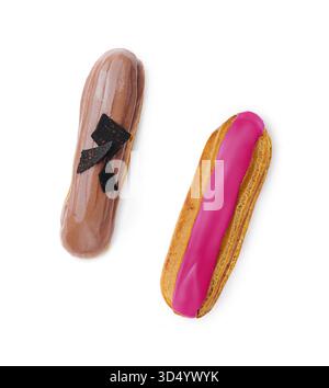 Food, Chocolate and pink eclairs isolated on white background Stock Photo
