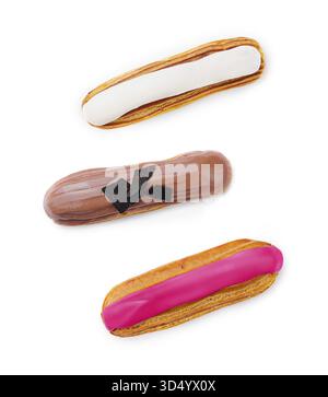 Food, Three different eclairs on a white plate isolated on white background Stock Photo