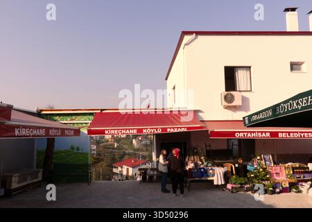9 November 2025, Trabzon, Turkey, local village market - An architectural shot focusing on the entrance of the "Kireçhane Köylü Pazarı" (Village Marke Stock Photo