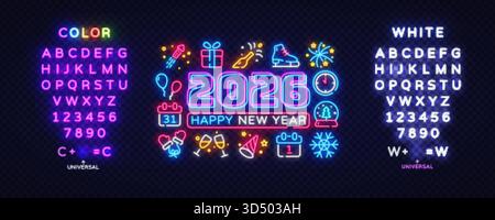 Festive 2026 Happy New Year surrounded by holiday icons calendars, gifts, snowflakes. Editable glowing fonts on both sides complete the layout. Vector Stock Vector