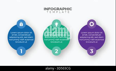 Modern 3-step horizontal infographic template with numbered circular elements, icons, and text boxes for presentation, analysis, or business strategy. Stock Vector