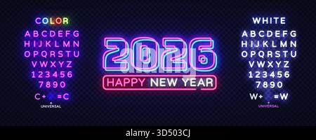 Neon text 2026 Happy New Year in the center, surrounded by glowing colorful and white alphabet and numbers. Editable universal font concept for Stock Vector
