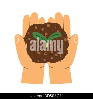 hands holding a seedling with soil, symbol of growth, ecology, nature care, and sustainability, perfect for eco and environmental designs -vector illu Stock Vector