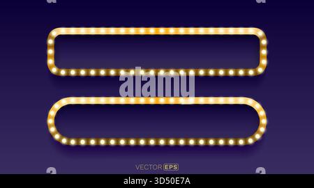 Retro golden light bulb frames on a dark purple background. Glowing marquee borders for an eye-catching design. Vector illustration Stock Vector