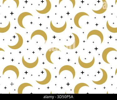 Mystical pattern. Boho moon and stars. Isolated white background. Vector illustration. Stock Vector