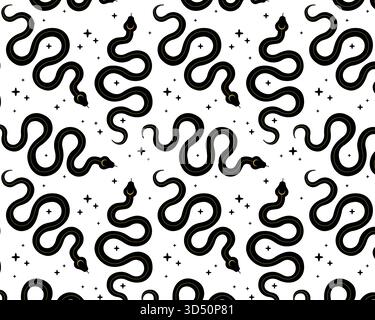 Mystical pattern. Boho Snakes and stars. Isolated white background. Vector illustration. Stock Vector