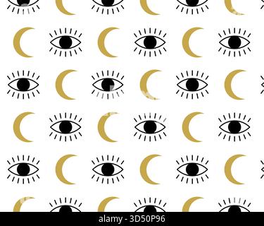 Mystical pattern. Boho moon and eyes. Isolated white background. Vector illustration... Stock Vector
