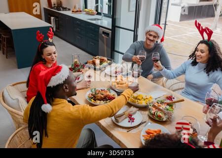 Diverse friends toasting with wine at table in kitchen over roast chicken under sliding glass doors Stock Photo