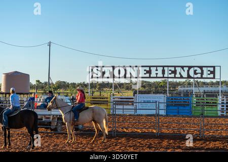 Contestants sitting on horseback waiting for competition to start, Stonehenge Rodeo, Queensland, Australia Stock Photo