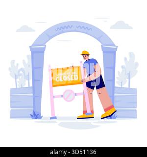 A Man Placing Closed Announcement on Entrance Gate Flat Illustration Stock Vector