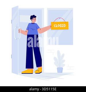 Man Placing Closed Sign on a Storefront Window Vector Illustration Stock Vector