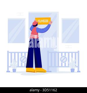 Man Putting Closed Sign on Entrance Door Flat Illustration Stock Vector