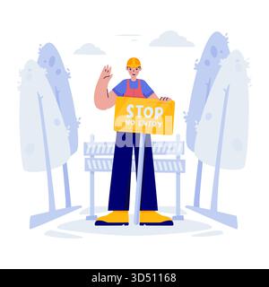 Construction Worker Holding Stop No Entry Sign Flat Illustration Stock Vector