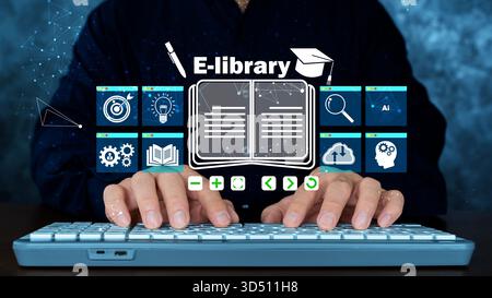 Hands typing on keyboard with digital e-library interface displaying online learning icons, book symbol, research tools, cloud access, and AI features Stock Photo