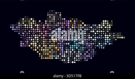 Mongolia, shape of the country built of colored cells. Digital style map of Mongolia on a dark background. Small size circle blocks. Stock Vector
