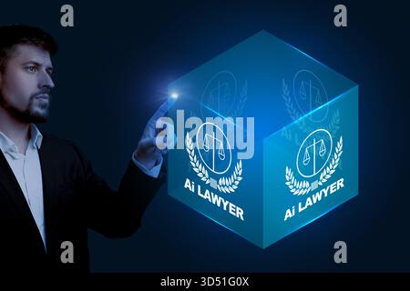 Professional man interacts with glowing AI legal cube in modern setting Stock Photo