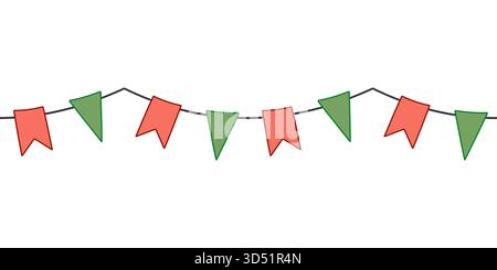 A simple seamless vector illustration of a festive bunting garland with alternating red and green triangular flags hanging on a string. Perfect for bo Stock Vector