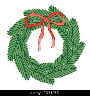 A traditional Christmas wreath featuring a lush circle of green fir branches accented by a bright red ribbon bow tied at the top. This classic holiday Stock Vector