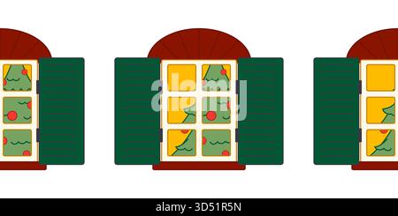 A cozy seamless vector border pattern showing open windows with dark shutters revealing a decorated Christmas tree inside. Perfect for banners, greeti Stock Vector