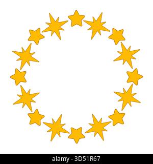 A bright playful circular frame composed of alternating four-pointed and five-pointed yellow stars. This design creates a dynamic twinkling effect and Stock Vector