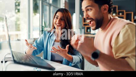 Media agency, laptop and people in office, celebration and success with publication. Excited, magazine editor or journalist team with story award Stock Photo