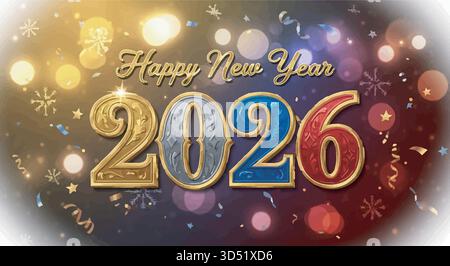 Modern Happy New Year 2026 celebration banner background with gold ornaments and bokeh lights Stock Vector