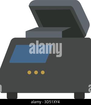 Modern desktop document scanner with an open lid, blue control display, and buttons, rendered in a clean flat vector style. Stock Vector