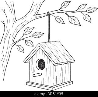 Hand-drawn wooden birdhouse hanging from a leafy tree branch, shown in a simple black-and-white nature illustration. Stock Vector
