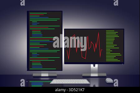 A modern workspace featuring two computer monitors. One displays lines of colorful code, while the other shows a data graph in red and green. Ideal for tech or coding themes. Vector illustration Stock Vector