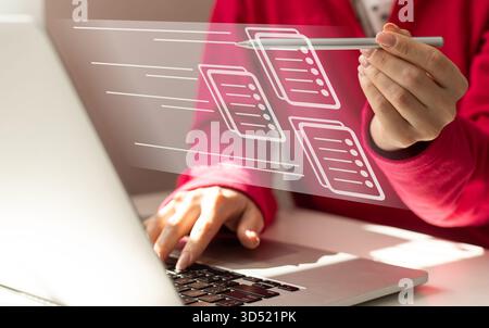 Process automation to efficiently manage files. Online documentation database and document management system concept. Businesswoman working on laptop Stock Photo