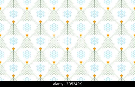Seamless vector linear geometric winter Christmas tree and blue snowflakes pattern on white. Gray line, golden star art deco background. Spruces and b Stock Vector