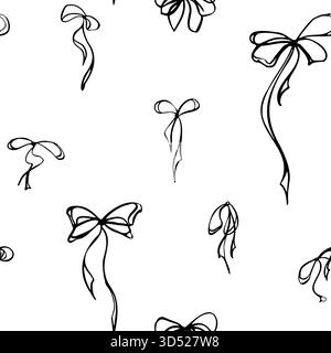Hand drawn ribbon bows, tied knots, long tail ends and curls scattered in simple endless repeat. Vector ink seamless pattern illustration. Gift Stock Vector