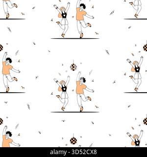 Seamless Pattern with Happy Couple People Dancing Under Disco Ball on White Background. Outline Hand Drawn Doodles. Vector illustration. Not AI Stock Vector