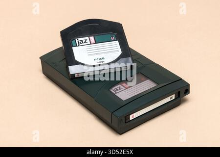 Pavia, Lombardy, Italy - November 23, 2024: Jaz Drive Hard Disk from Iomega with the 1GB high capacity removable disk. It was the successor of the Zip Stock Photo