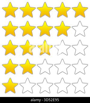 Five rows of yellow rating stars 3d isolated Stock Photo