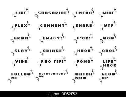 Aesthetic black pixel art social media slang words set Stock Vector