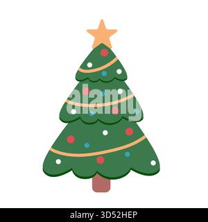 Cute festive Christmas tree with garlands. Winter holiday illustration in flat style. Stock Vector