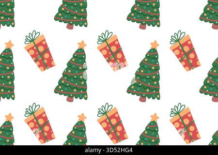 Simple holiday seamless pattern with a Christmas tree and gift boxes. Hand-drawn design elements. Happy holidays. Stock Vector