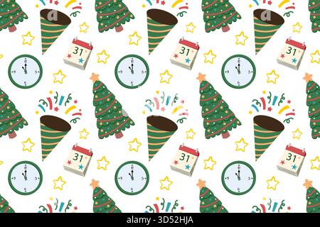 Seamless festive pattern with a Christmas tree, firecrackers, and garlands. Hand-drawn design elements. Happy Holidays Stock Vector