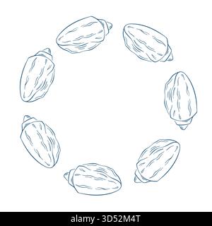 Wreath of purple seashell on a white background in line art style. Design with copy space in the center. Stock Vector